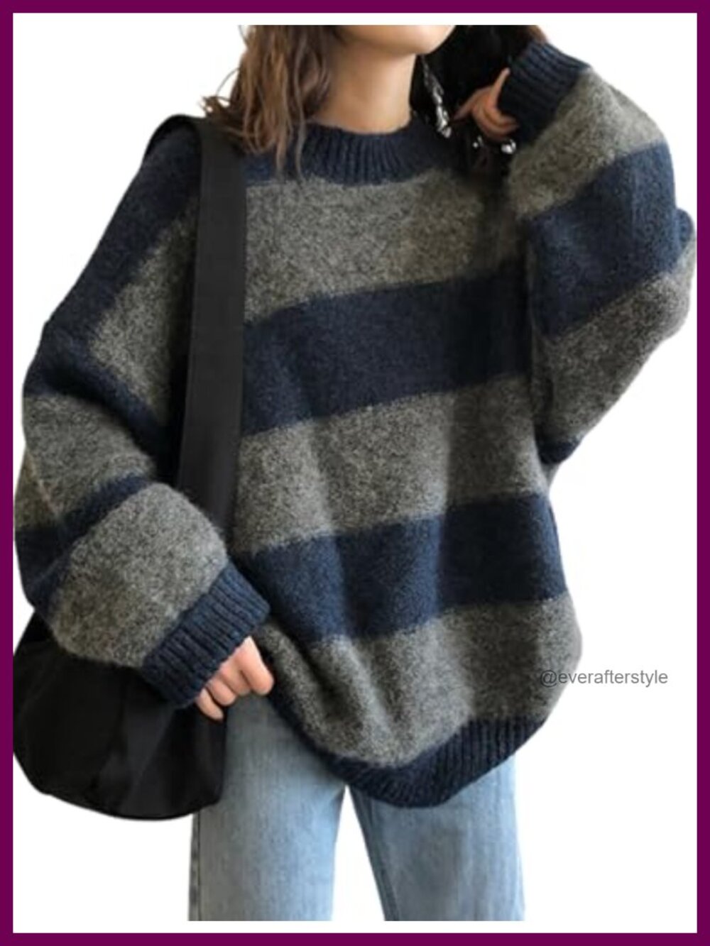 Oversized Striped Sweater Crewneck Ribbed Knit Pullover Long Sleeve Trendy